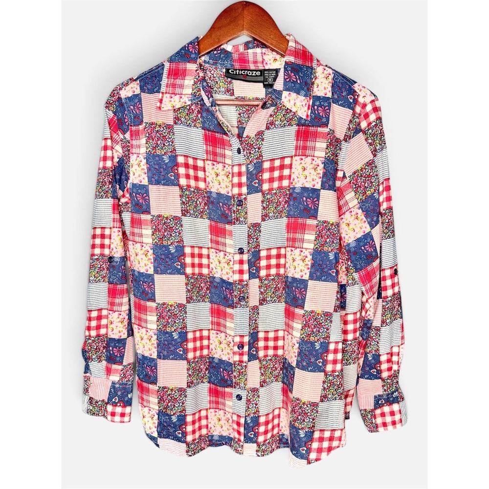 Vintage 100% Cotton Patchwork Button-Up Shirt Cottagecore | Size Medium
